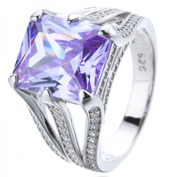 Octagon Lavender Cubic Zirconia Center Rhodium Plating Silver Ring 