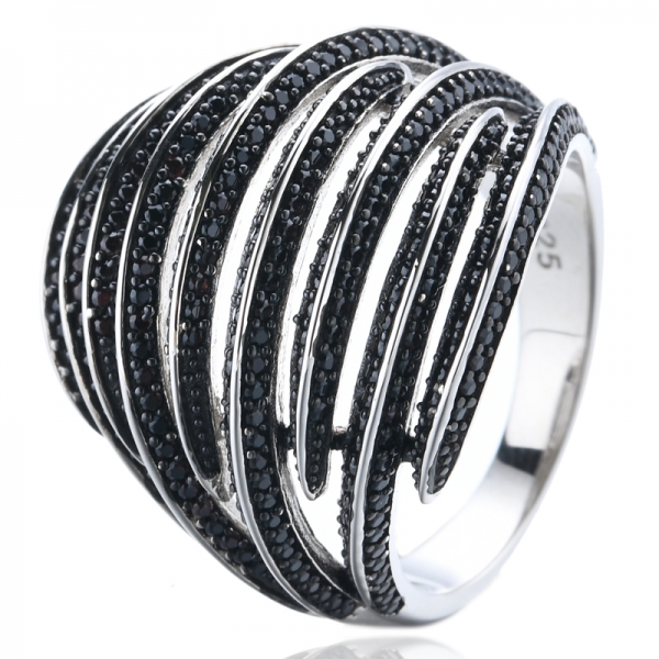 925 Pave Black Cubic Zirconia Two Tone Plating Sterling Silver Ring 