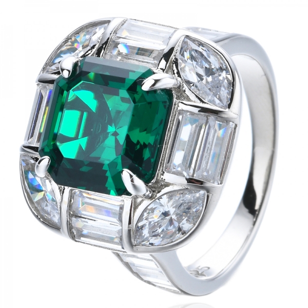 Asscher Cut Lab-Created Emerald Center Rhodium Plating Stelring Silver Ring 
