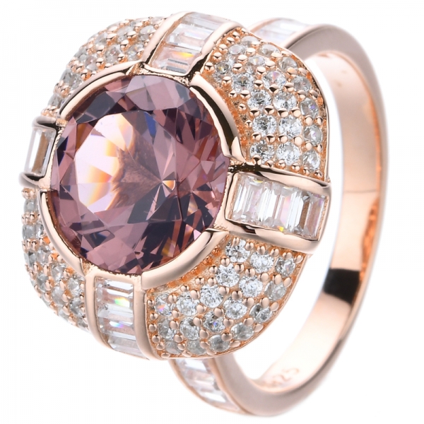 Round Lab-Created Morganite Center 18K Rose Gold Plating Silver Ring 