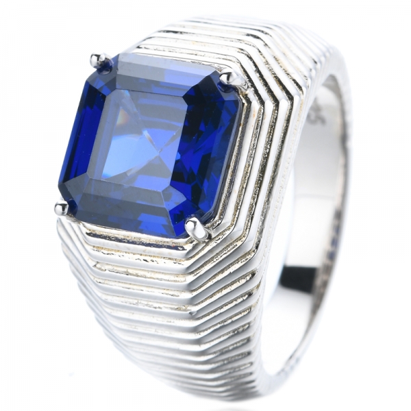 Asscher Cut Blue Tanzanite Cubic Zirconia Rhodium Plating Sterling Silver Ring 