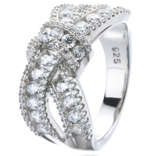 925 Bow-Tie Rhodium Plating Silver Wedding Ring Round Cubic Zirconia 