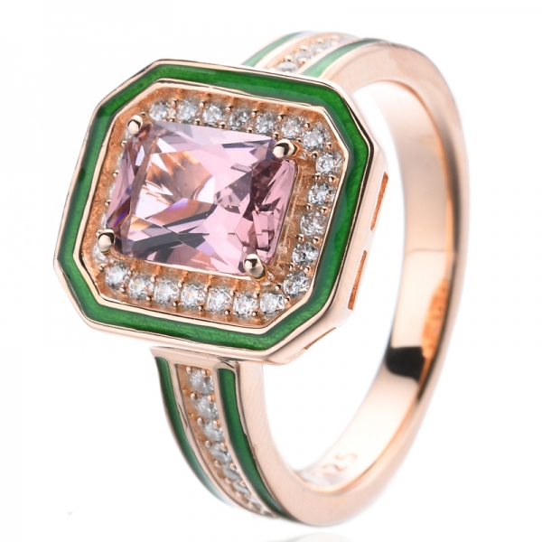 Green Enamel Lab-Created Morganite Center Rose Gold Plating Silver Ring 