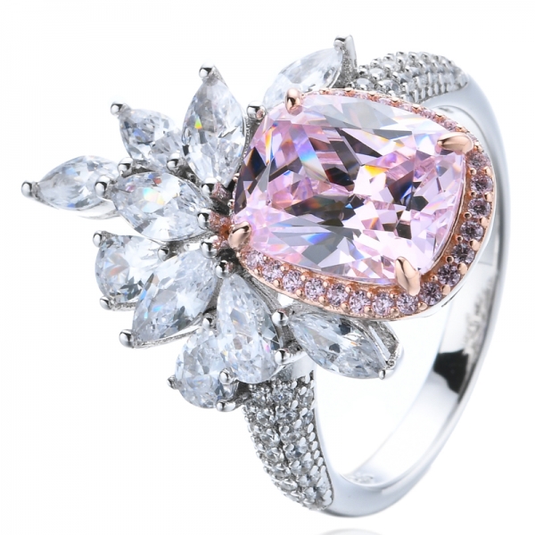Cushion Diamond Pink Cubic Zirconia Center Two Tone Plating Silver Ring 