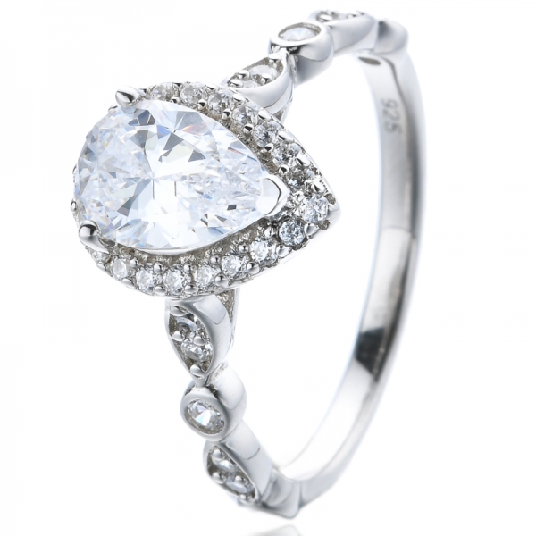 925 Pear White Cubic Zirconia Center Rhodium Plating Silver Bridal Ring 