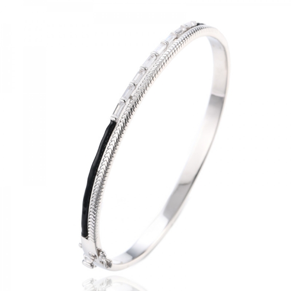 925 White Baguette Cubic Zirconia Silver Rhodium Plating Green Enamel Bangle 