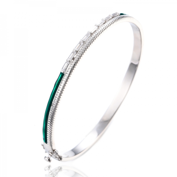 925 White Baguette Cubic Zirconia Silver Rhodium Plating Green Enamel Bangle 