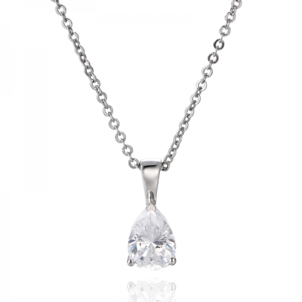 925 Pear White Cubic Zirconia Rhodium Plating Sterling Silver Solitaire Pendant 
