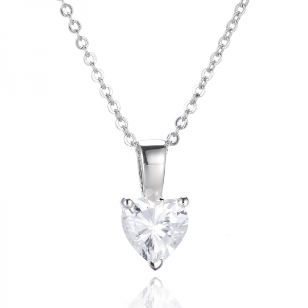 Heart Shape White Cubic Zirconia Rhodium Plating Silver Solitaire Pendant 