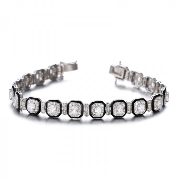 925 Black Enamel White Cubic Zirconia Center Rhodium Plating Silver Bracelet 