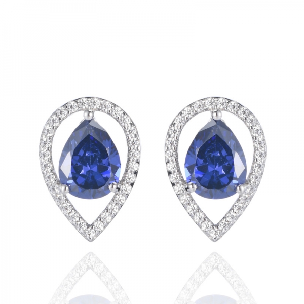 925 Pear Blue Tanzanite Cubic Zirconia Rhodium Plating Silver Stud Earrings 