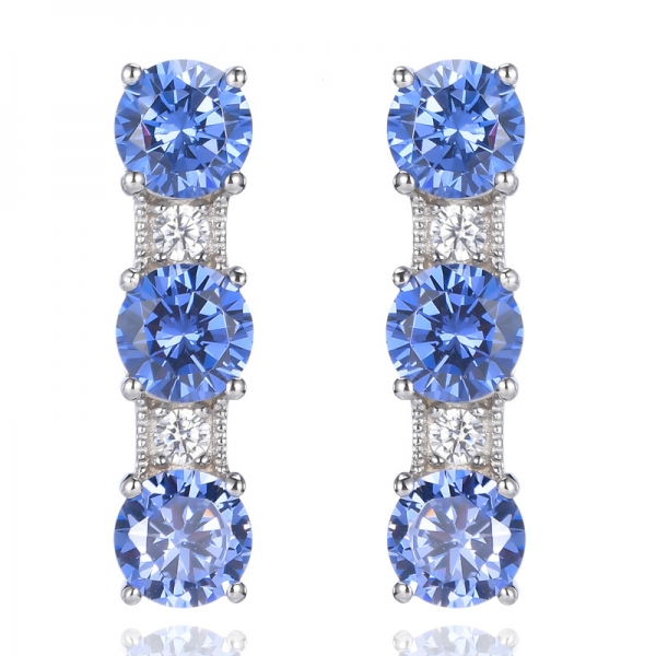 925 Round Blue Tanzanite And White Cubic Zirconia Rhodium Plating Silver Earrings 
