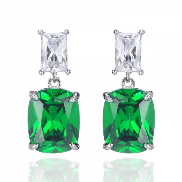 925 Green And White Cubic Zirconia Rhodium Plating Silver Drop Earrings 