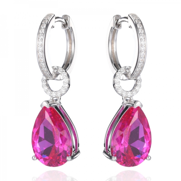 925 Pear Lab-Created Pink Sapphire Rhodium Plating Silver Dangle Earrings 