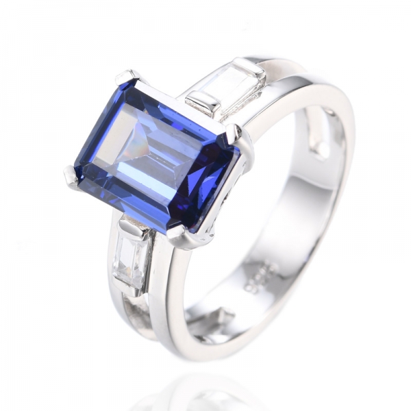 925 Emerald Cut Aquamarine Cubic Zirconia 18K Yellow Gold Plating Silver Ring 