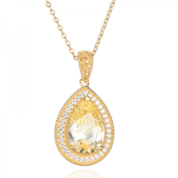 925 Pear Canary Cubic Zirconia 18K Yellow Gold Plating Silver Pendant 
