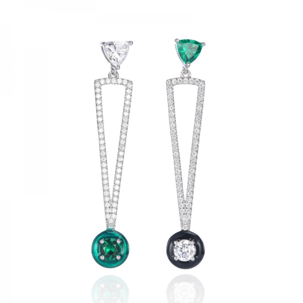 Lab-Created Emerald And White Cubic Zirconia Rhodium Plating Silver Enamel Earrings 