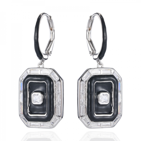 925 White Cubic Zirconia Black Enamel Rhodium Silver Dangle Earrings 