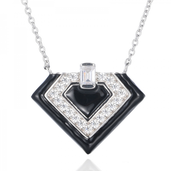 925 Black Enamel White Cubic Zirconia Rhodium Plating Silver Necklace 