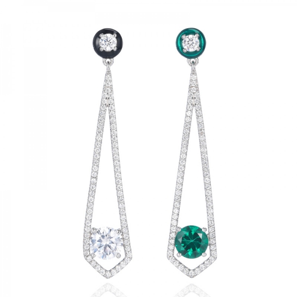 Lab-Created Emerald And White Cubic Zirconia Rhodium Plating Silver Enamel Earrings 