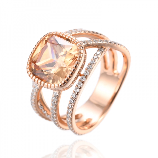 925 Cushion Champagne Cubic Zirconia 18K Rose Gold Plating Silver Ring 