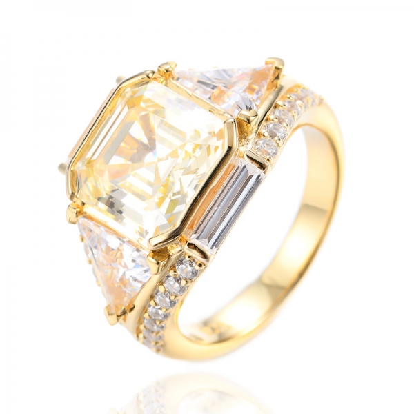 925 Asscher Cut Canary Cubic Zirconia Center 18K Yellow Gold Plating Silver Ring 