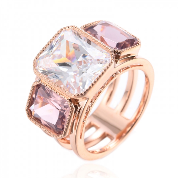 925 White Cubic Zirconia Center Lab-Created Pink Morganite 18K Rose Gold Silver Ring 