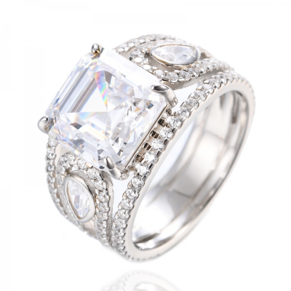 925 Asscher Cut White Cubic Zirconia Center Rhodium Plating Silver Ring 