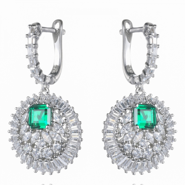 Asscher Lab-Created Green Emerald &Diamond Ladies Dangling Drop Earrings 
