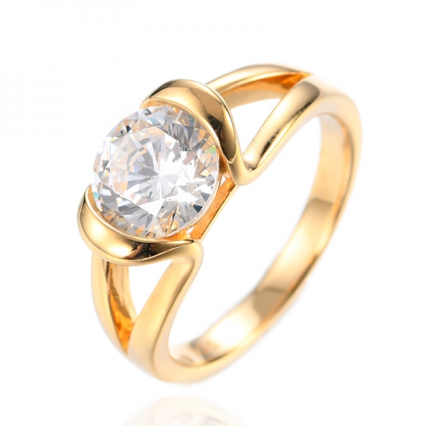 925 Round Cubic Zirconia 18K Yellow Gold Plating Silver Solitaire Bridal Ring 