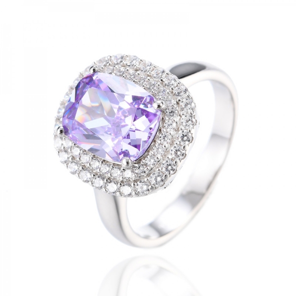 925 Cushion Lavender Cubic Zirconia Center Rhodium Plating Silver Ring 