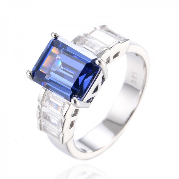 925 Emerald Blue Tanzanite Cubic Zirconia Rhodium Plating Silver Ring 