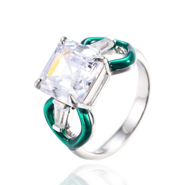 925 White Asscher Cut Cubic Zirconia Green Enamel Rhodium Silver Ring 