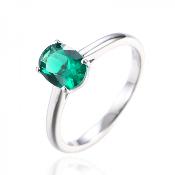 925 Oval Green Emerald Rhodium Plating Sterling Silver Solitaire Ring 