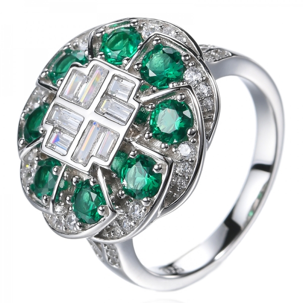 925 Sterling Silver 3.5mm Round Created Green Emerald Gemstone May Birthstone Cluster Ring 