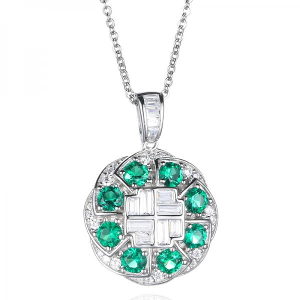 Sterling Silver Green Simulated Round Emerald Pendant Necklace 
