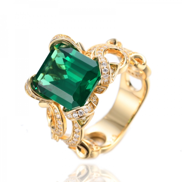 925 Synthetic Emerald Green Center 18K Yellow Gold Plating Silver Ring 