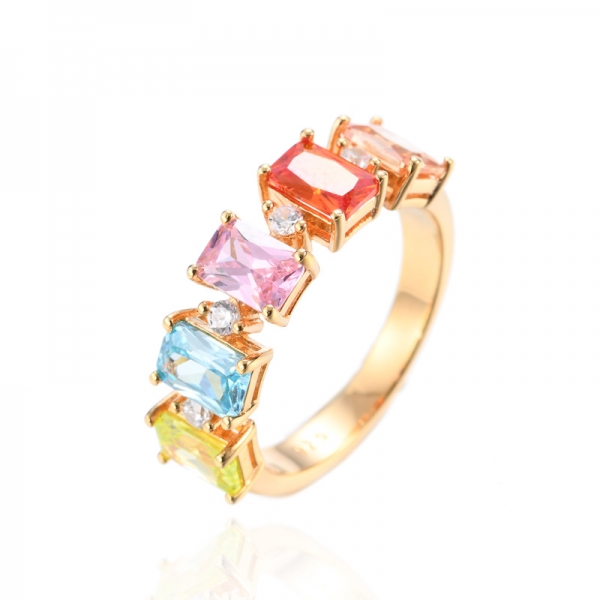 925 Octagon Multi-Color Cubic Zirconia 18K Yellow Gold Plating Silver Ring 