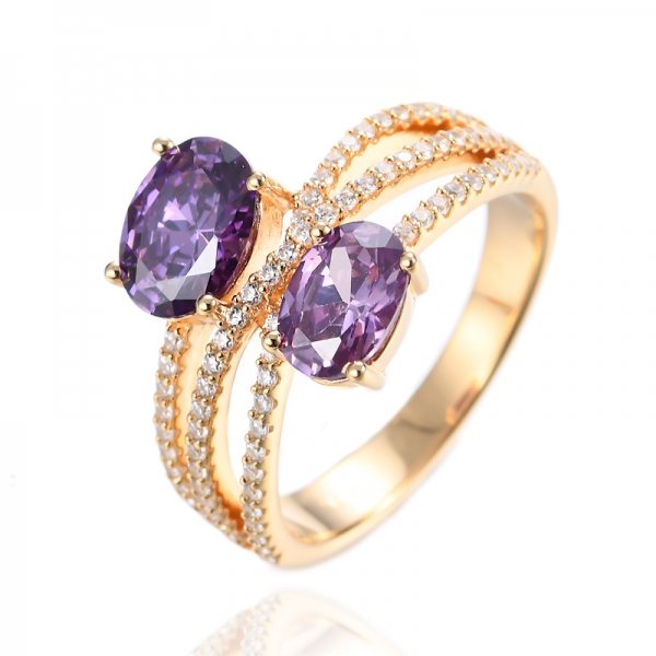 925 Purple And White Cubic Zirconia 18K Yellow Gold Plating Silver Ring 