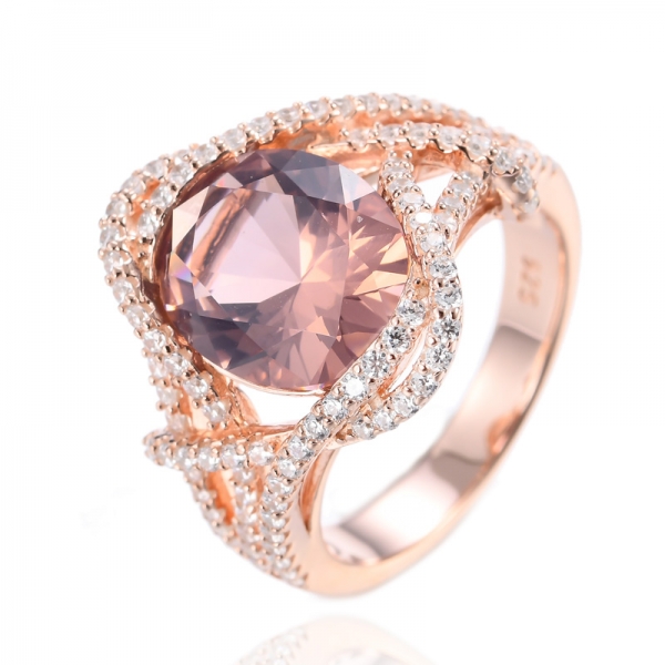 925 Synthetic Oval Morganite Center 18K Rose Gold Plating Silver Ring 