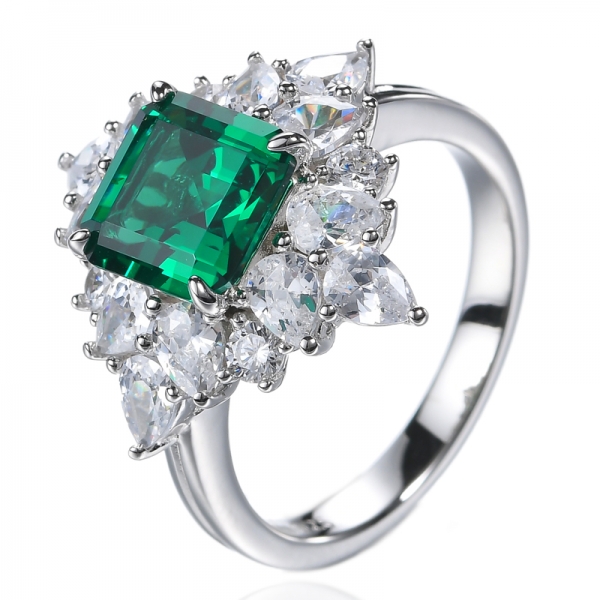 925 Sterling Silver Green Simulated Emerald Asscher Cut Engagement Ring 