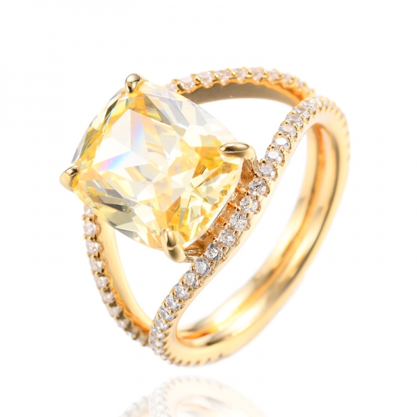 925 Cushion Canary Cubic Zirconia 18K Yellow Gold Plating Silver Ring 