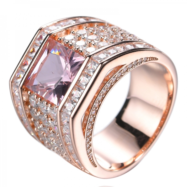 Simulated Pink Morganite Square Cut and Diamond Rose Gold Cocktail Ring 