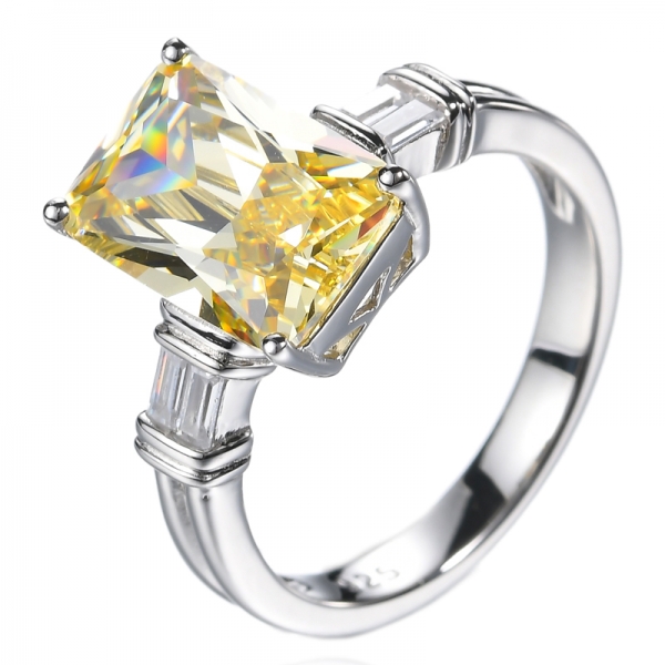 Yellow Canary and White Cubic Zirconia Rhodium Over Silver wedding Ring 