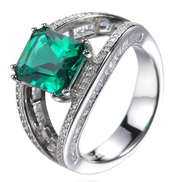 Simulated Emerald Ring in Sterling Silver Princess Cut 