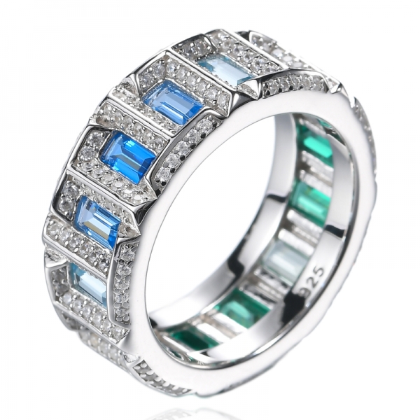 Rainbow Baguette Cubic Zirconia Ring Platinum Plated Eternity Cocktail Rings 