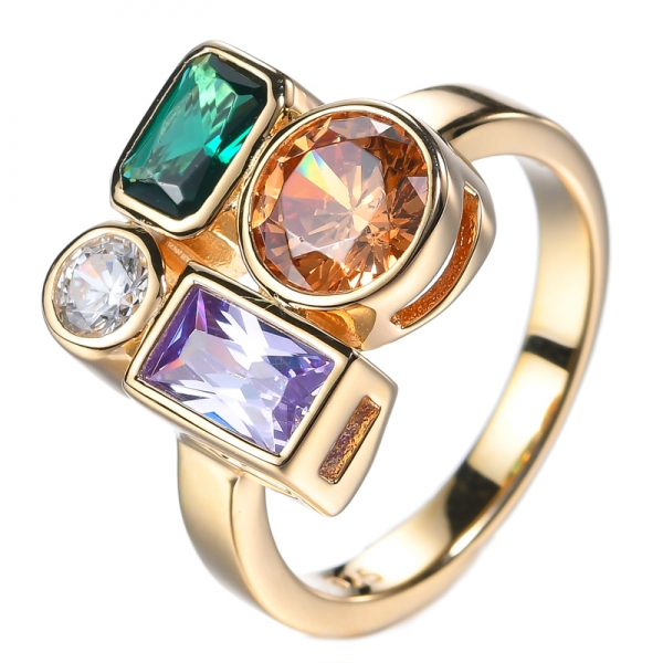 Colorful Gemstone Princess Cut Yellow Gold Engagement Wedding Ring 