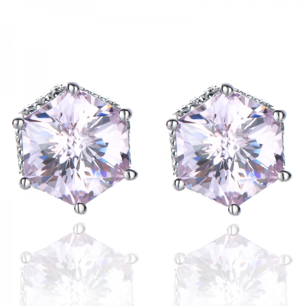Fancy Light Pink Diamond Cubic Hexagon Cut Stud Earring In 925 Sterling Silver 