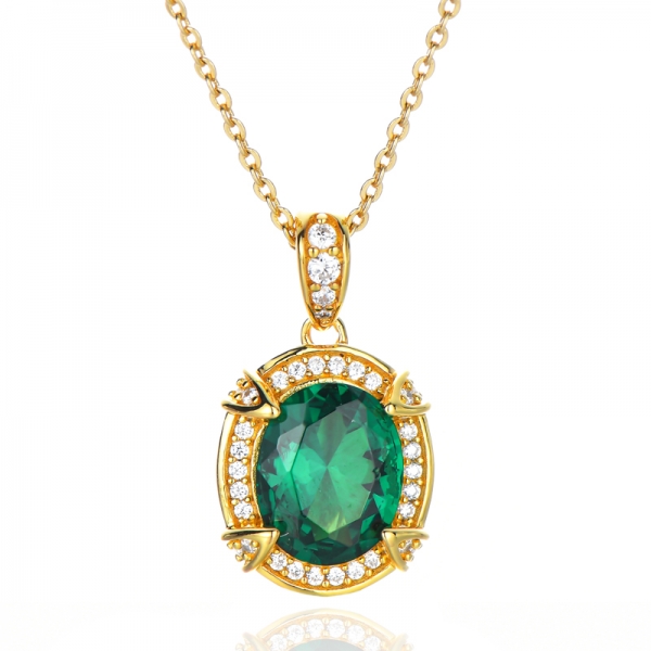 Oval Green Emerald And White Cubic Zirconia Yellow Gold Over Sterling Silver Pendant 