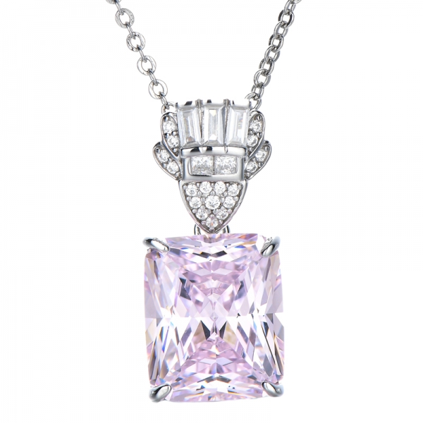 925 Sterling Silver Square Light Pink Zircon Pendant with Rhodium Plated Necklace 